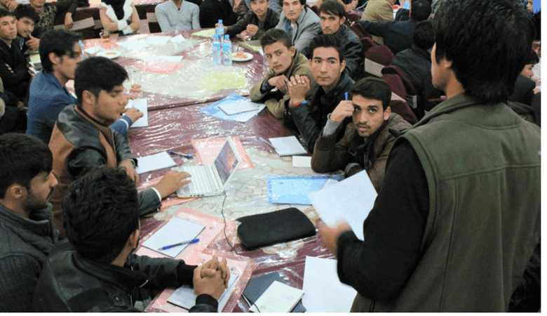 Afghan youth learning together in a collaborative environment